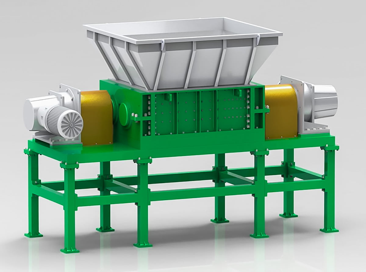 The image showcases an industrial shredder, specifically a double-shaft shredder or dual-shear shredder. This type of shredder is designed for heavy-duty applications, capable of shredding a wide variety of tough materials, including plastics, wood, metals, tires, and more. Key Components and Function: Hopper: The large, open container at the top is the hopper where the materials to be shredded are fed into the machine. Dual Shafts: The shredder features two parallel shafts, each equipped with sharp, interlocking cutting teeth or blades. These shafts rotate in opposite directions, creating a powerful shearing action that rips and tears apart the input material. Motors: The two large electric motors, one on each side, provide the power to drive the rotating shafts and cutting teeth. Cutting Chamber: The area between the two shafts houses the cutting teeth and is where the actual shredding process takes place. Output (Not Visible): The shredded material is typically discharged through an opening at the bottom or side of the machine, either directly onto a conveyor or into a collection bin. Applications: Waste Management and Recycling: Double-shaft shredders are widely used in waste management and recycling facilities to process various types of waste, including municipal solid waste, industrial waste, construction and demolition debris, and more. Size Reduction for Processing: They are also employed in various industries to reduce the size of materials for further processing, such as preparing scrap metal for recycling, shredding wood for biomass fuel, or processing tires for rubberized asphalt. Secure Destruction: These shredders can be used for secure destruction of confidential documents, electronic waste, or other sensitive materials. Benefits: Versatility: Double-shaft shredders can handle a wide range of materials, including tough and bulky items. High Throughput: They are capable of processing large volumes of materials efficiently. Uniform Output: The shredding process produces a relatively uniform output size, which is beneficial for further processing or disposal. Durability: Double-shaft shredders are built with heavy-duty components for long-lasting performance in demanding applications. Overall, the double-shaft shredder is a powerful and versatile tool for size reduction and material processing in various industries, playing a significant role in waste management, recycling, and resource recovery efforts.