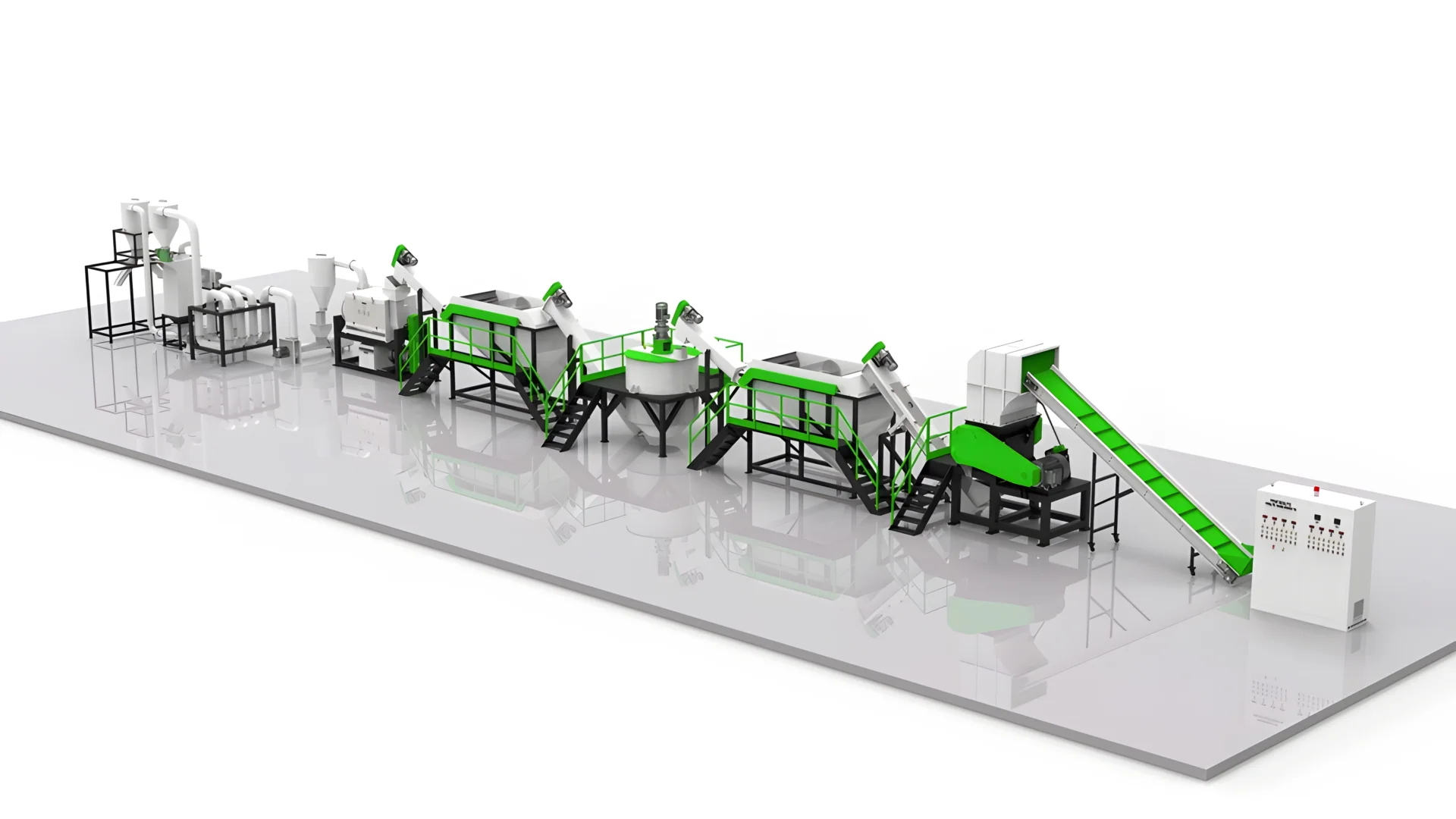 ein computergeneriertes Modell einer Zerkleinerungs- und Recyclinglinie für Hartkunststoffe aus HDPE (Polyethylen hoher Dichte) und PP (Polypropylen). Dieses Komplettsystem besteht aus verschiedenen Modulen in Weiß und Grün, die jeweils für verschiedene Phasen des Recyclingprozesses zuständig sind, darunter Zerkleinern, Waschen, Trocknen und Pelletieren. Die Anlage ist darauf ausgelegt, große Mengen Kunststoffabfall effizient zu wiederverwendbaren Pellets zu verarbeiten. Diese Linie ist in der Recyclingbranche von entscheidender Bedeutung, um Kunststoffabfall zu reduzieren und ihn in eine wertvolle Ressource umzuwandeln, was zur Förderung der Nachhaltigkeit und Verringerung der Umweltbelastung beiträgt.