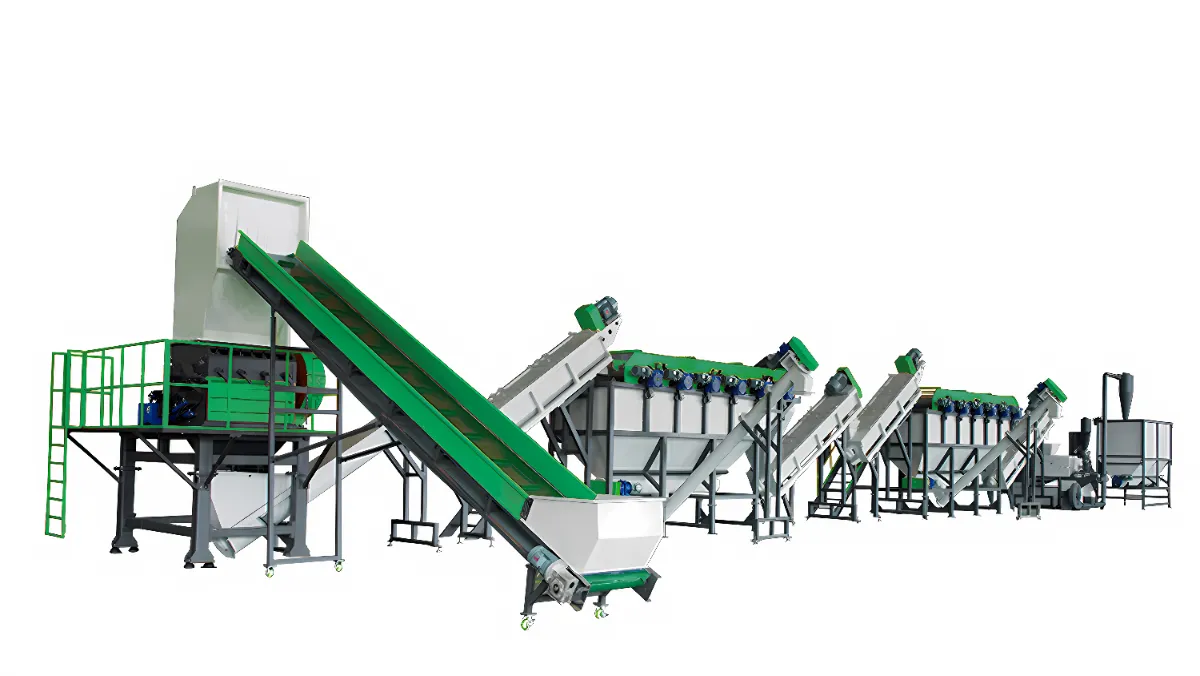 Displayed is a plastic washing and recycling line. These systems are commonly used for recycling plastic waste, such as plastic bottles or other containers. They clean and prepare the plastic for reprocessing through a series of processes, including shredding, washing, separation, drying, and other possible steps. Such systems are crucial for reducing the demand for new plastics, decreasing environmental pollution, and promoting a sustainable, circular economy.