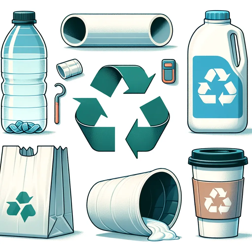 Create a series of six images, each depicting the following materials used for recycling: 1. A clear plastic beverage bottle with the recycling symbol for 'PET'. 2. A white plastic milk jug with the recycling symbol for 'HDPE'. 3. A section of a PVC pipe with the recycling symbol for 'PVC'. 4. A plastic shopping bag with the recycling symbol for 'LDPE'. 5. A plastic yogurt container with the recycling symbol for 'PP'. 6. A foam coffee cup with the recycling symbol for 'PS'.