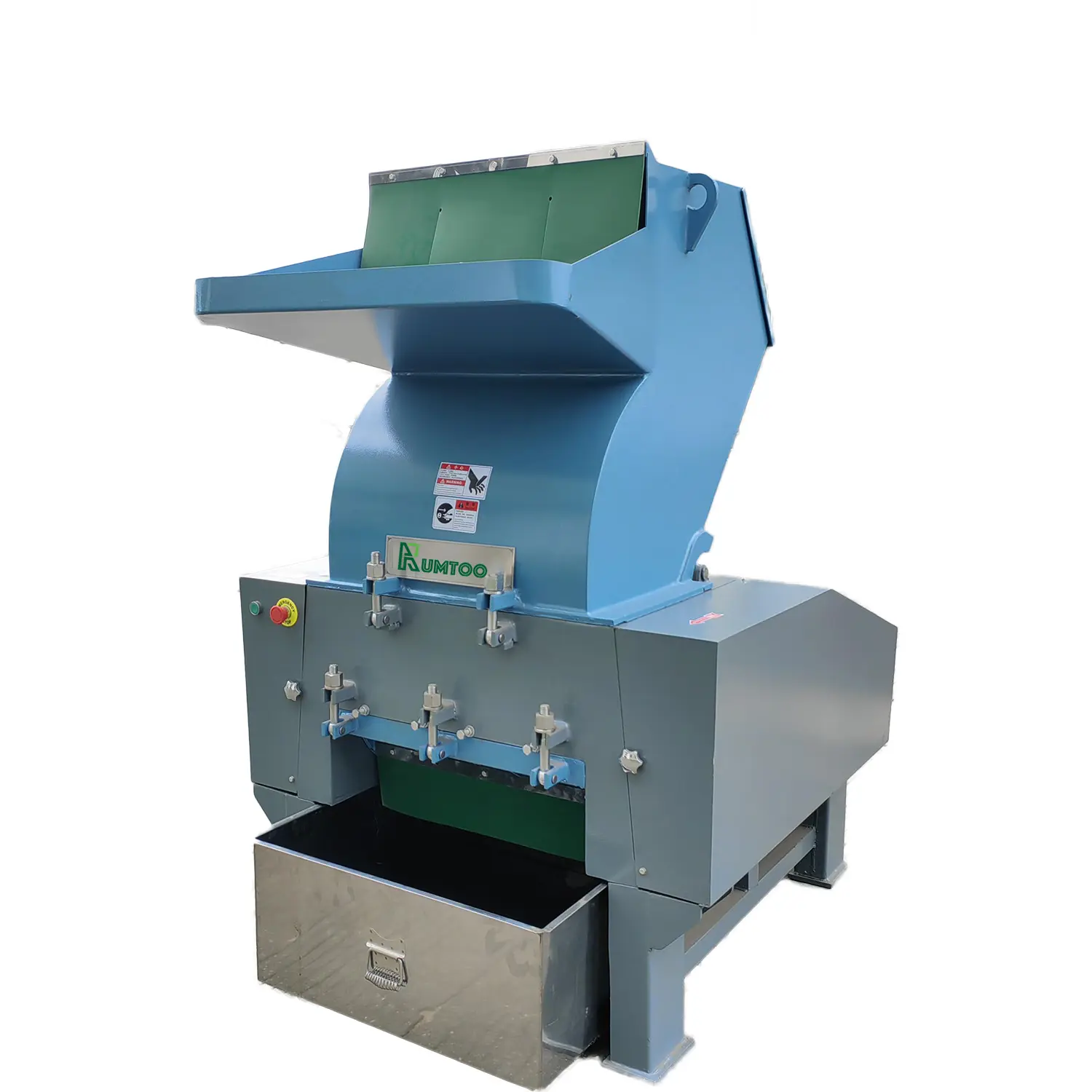 The picture shows an industrial shredder, specifically a plastic granulator. This machine is designed to break down large pieces of plastic into smaller flakes or granules, facilitating recycling, further processing, or disposal. Key Components and Function: Hopper: The blue, box-shaped component at the top is the hopper, where the plastic material to be shredded is fed into the machine. Cutting Chamber: Inside the machine, there is a cutting chamber containing rotating blades or knives that shred the plastic. Motor: An electric motor (not fully visible) powers the rotating blades, providing the force necessary for the shredding process. Screen/Filter: A screen or filter within the cutting chamber controls the size of the output granules. Collection Bin: The shredded plastic pieces are collected in a bin located at the bottom of the machine. Control Panel: The control panel allows operators to manage the shredding process, including starting and stopping the machine. Applications and Benefits: Plastic Recycling: Plastic granulators are essential in the plastic recycling process. They break down plastic waste into smaller pieces, making it easier to reprocess and create new plastic products. Size Reduction for Processing: Granulators are used in various industries to reduce the size of plastic materials for further processing, such as extrusion, injection molding, or compounding. Waste Management: These machines help manage plastic waste by reducing its volume and making it easier to handle and dispose of. Benefits of Using a Plastic Granulator: Reduced Plastic Waste: Granulators contribute to reducing plastic waste by enabling recycling and repurposing of plastic materials. Resource Conservation: Recycling plastic reduces the demand for virgin plastic production, conserving natural resources and energy. Cost Savings: Reprocessing plastic can be more cost-effective than producing new plastic, leading to economic benefits. Waste Management Efficiency: Granulators improve waste management efficiency by reducing the volume of plastic waste and making it easier to handle. Overall, the plastic granulator is a valuable machine in the plastics industry and plays a crucial role in promoting sustainability and responsible waste management.