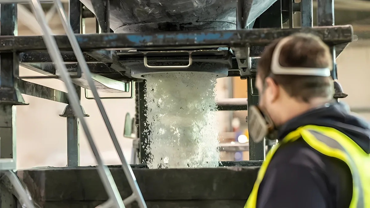 a worker observing an industrial process where a stream of plastic flakes or pellets is falling into what seems to be a collection bin or hopper. The worker is wearing personal protective equipment, including a high-visibility vest and hearing protection, which suggests a focus on safety in a potentially noisy environment. This scene could be part of a plastic recycling operation where shredded plastic materials are being processed further. After being washed and shredded into flakes, plastics are often sorted by type and color, then melted down and extruded into pellets, which serve as the raw material for manufacturing new plastic products. The machine from which the plastic materials are falling could be part of a pelletizing line, or it might be a part of a sorting system where materials are sifted and separated. The continuous flow of material indicates an automated and efficient recycling process, vital for handling large quantities of material in a recycling facility.