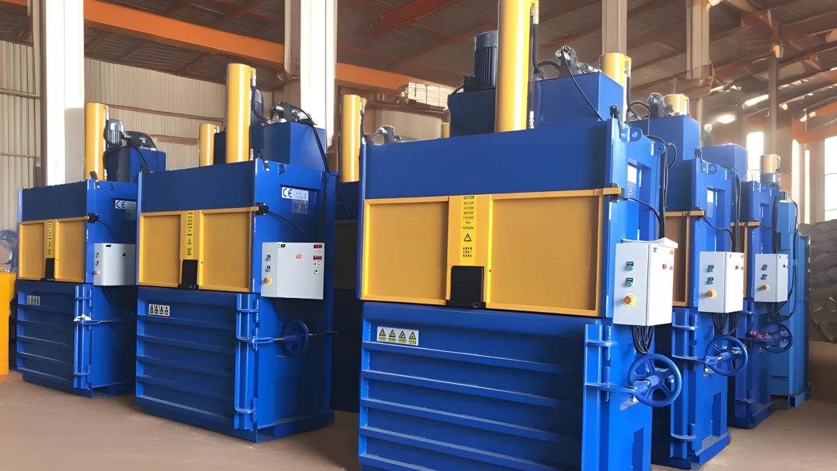 The image shows a series of industrial balers or compactors used for compressing and baling various materials, likely for recycling or waste management purposes. These large blue and yellow machines are designed to compact materials such as cardboard, paper, plastic, or metal into tightly compressed bales, which are easier to handle, store, and transport. The balers consist of a hydraulic ram or press that applies immense pressure to compress the materials into rectangular bales. The compacted bales are then secured with metal straps or wires before being ejected from the machine. These types of balers are commonly found in recycling facilities, manufacturing plants, warehouses, and other industrial settings where there is a need to manage and process large volumes of waste or recyclable materials efficiently.