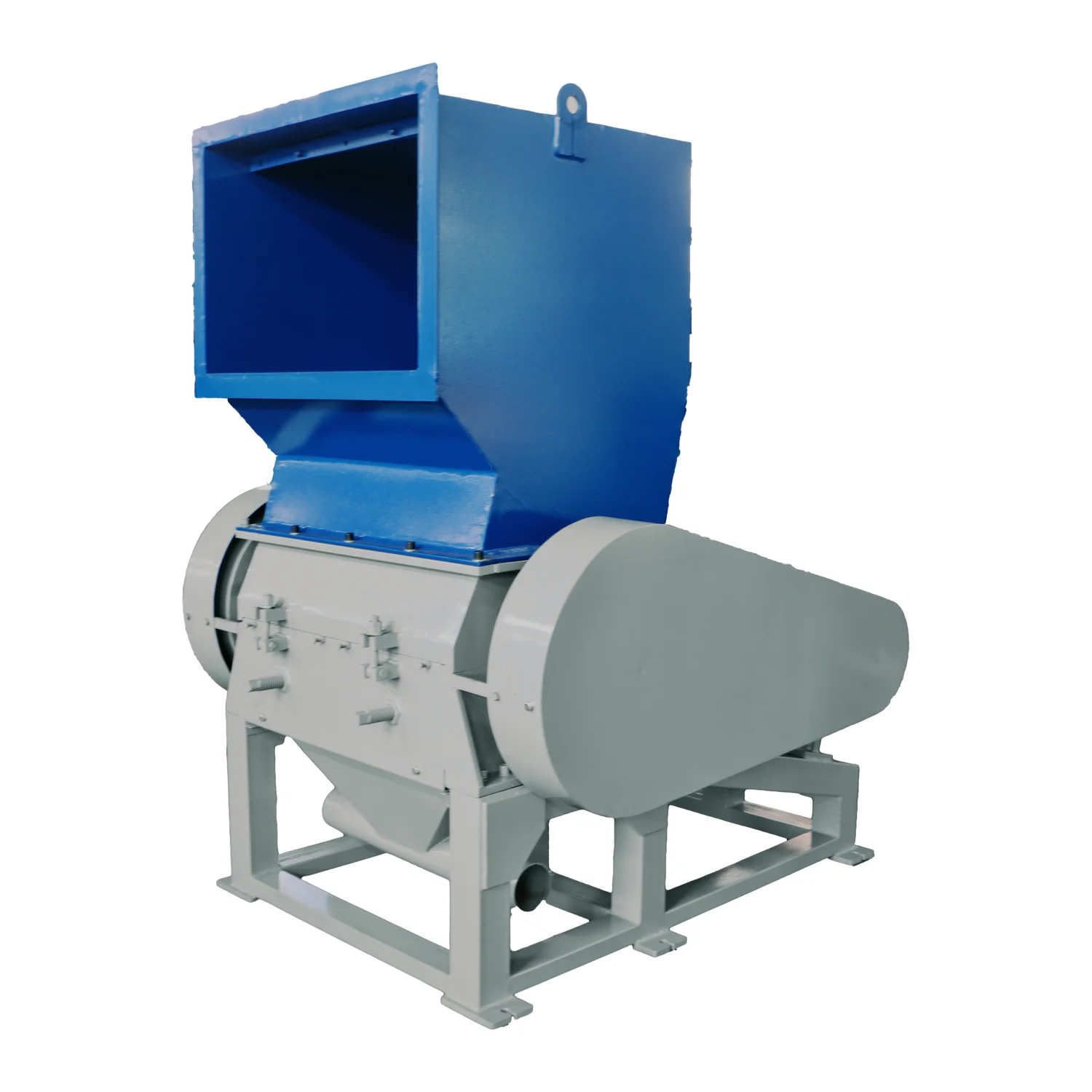 The image showcases an industrial shredder, specifically a granulator or plastic crusher. Here’s a breakdown of its likely purpose and main components: Function: This machine is designed to break down large pieces of plastic or other materials into smaller, more manageable pieces or granules. This facilitates recycling, further processing, or disposal. Components: Hopper: The blue, box-shaped component at the top serves as the input point where the material to be shredded is fed. Cutting Chamber: Inside the machine, there is a cutting chamber with rotating blades or knives that shred the material. Motor: An electric motor (not visible in the image) drives the rotating blades, providing the power for the shredding process. Discharge Chute: Shredded material exits the machine through the discharge chute, typically located at the bottom or side. Frame & Base: The sturdy frame and base support the components and provide stability during operation. Potential Applications: Plastic Recycling: Shredding plastic waste for further processing and recycling. Manufacturing: Size reduction of plastic or rubber materials for use in production processes. Waste Management: Reducing the volume of waste materials for easier disposal. Other Industries: Shredding various materials like wood, paper, or certain metals, depending on the design and capabilities of the specific machine.