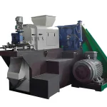 a professional product shot of a Plastic Film Screw Press Squeezer. This type of machinery is an essential component in the recycling process of plastic films. After the plastic film is washed, the squeezer uses a screw press mechanism to remove the water, thereby reducing the moisture content significantly. This process is critical because it improves the efficiency of the subsequent drying process and helps in saving energy. The dry and squeezed plastic films can then be forwarded to the next stage of recycling, which often involves pelletizing the material so that it can be used to manufacture new plastic products. The machine in the image features a motor, a hopper for inputting wet plastic films, a screw press for squeezing out the water, and a collection system for the output material.