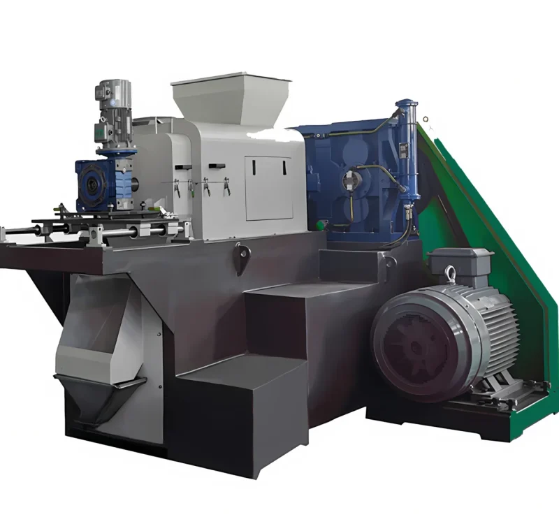 a professional product shot of a Plastic Film Screw Press Squeezer. This type of machinery is an essential component in the recycling process of plastic films. After the plastic film is washed, the squeezer uses a screw press mechanism to remove the water, thereby reducing the moisture content significantly. This process is critical because it improves the efficiency of the subsequent drying process and helps in saving energy. The dry and squeezed plastic films can then be forwarded to the next stage of recycling, which often involves pelletizing the material so that it can be used to manufacture new plastic products. The machine in the image features a motor, a hopper for inputting wet plastic films, a screw press for squeezing out the water, and a collection system for the output material.