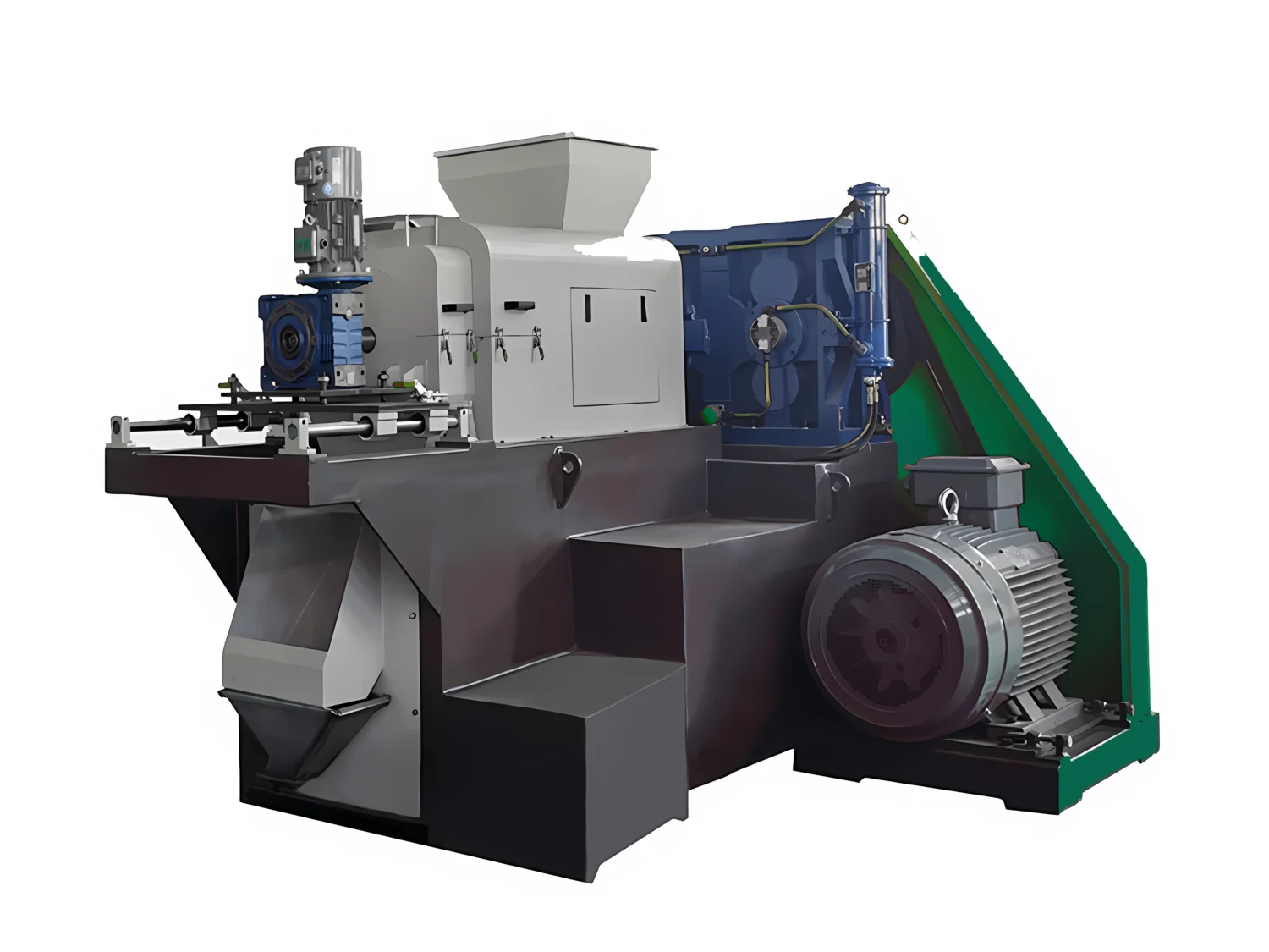 a professional product shot of a Plastic Film Screw Press Squeezer. This type of machinery is an essential component in the recycling process of plastic films. After the plastic film is washed, the squeezer uses a screw press mechanism to remove the water, thereby reducing the moisture content significantly. This process is critical because it improves the efficiency of the subsequent drying process and helps in saving energy. The dry and squeezed plastic films can then be forwarded to the next stage of recycling, which often involves pelletizing the material so that it can be used to manufacture new plastic products. The machine in the image features a motor, a hopper for inputting wet plastic films, a screw press for squeezing out the water, and a collection system for the output material.