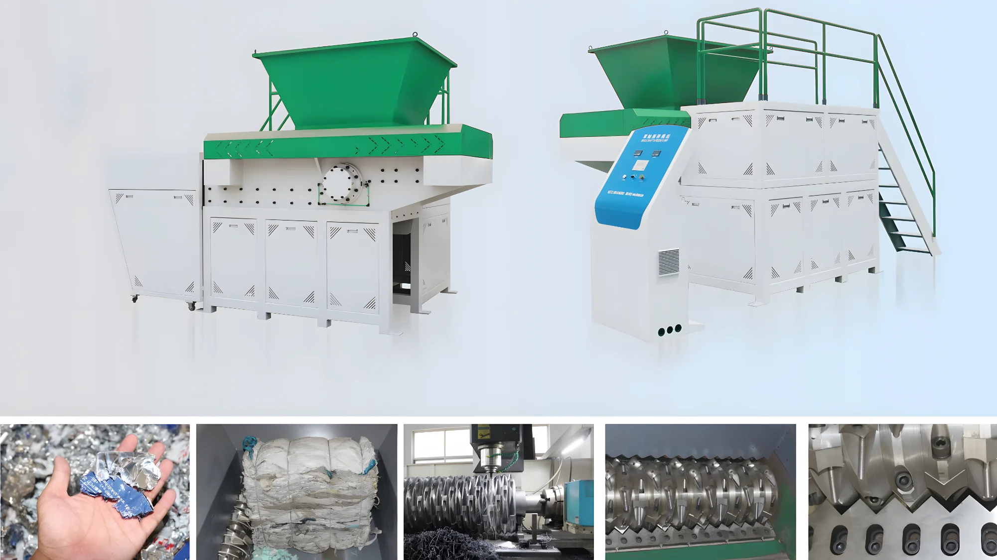 The image shows a single-shaft shredder and its components, which is used in the recycling industry to break down various materials, particularly plastics. The main shredder unit features a large hopper for material input, leading to the shredding mechanism where a single rotating shaft with mounted blades breaks down the material into smaller pieces. In the bottom-left, we see shredded material, indicating the typical output from such a machine. These small pieces can then be further processed or recycled. The bottom-right shows a close-up of the shredding shaft and blades, which highlights the rugged and durable construction necessary to handle tough materials. The images also suggest that the machinery is computer-controlled, as indicated by the electronic control panel shown in the top-right. The panel likely allows for adjustment of shredding speed and other operational parameters. The inclusion of a staircase and platform around the larger unit suggests it is quite large and requires access for maintenance or operation. These machines are critical in reducing the volume of waste materials and preparing them for subsequent steps in the recycling process, such as washing, extrusion, or pelletizing.