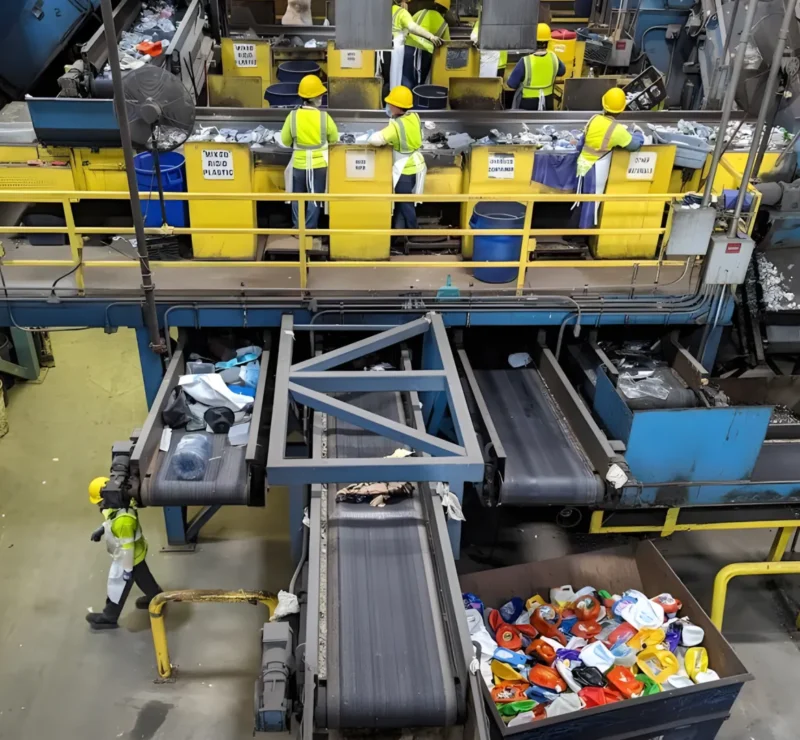 Radnici u postrojenju za reciklažu sortiraju i odvajaju recikliranu plastiku