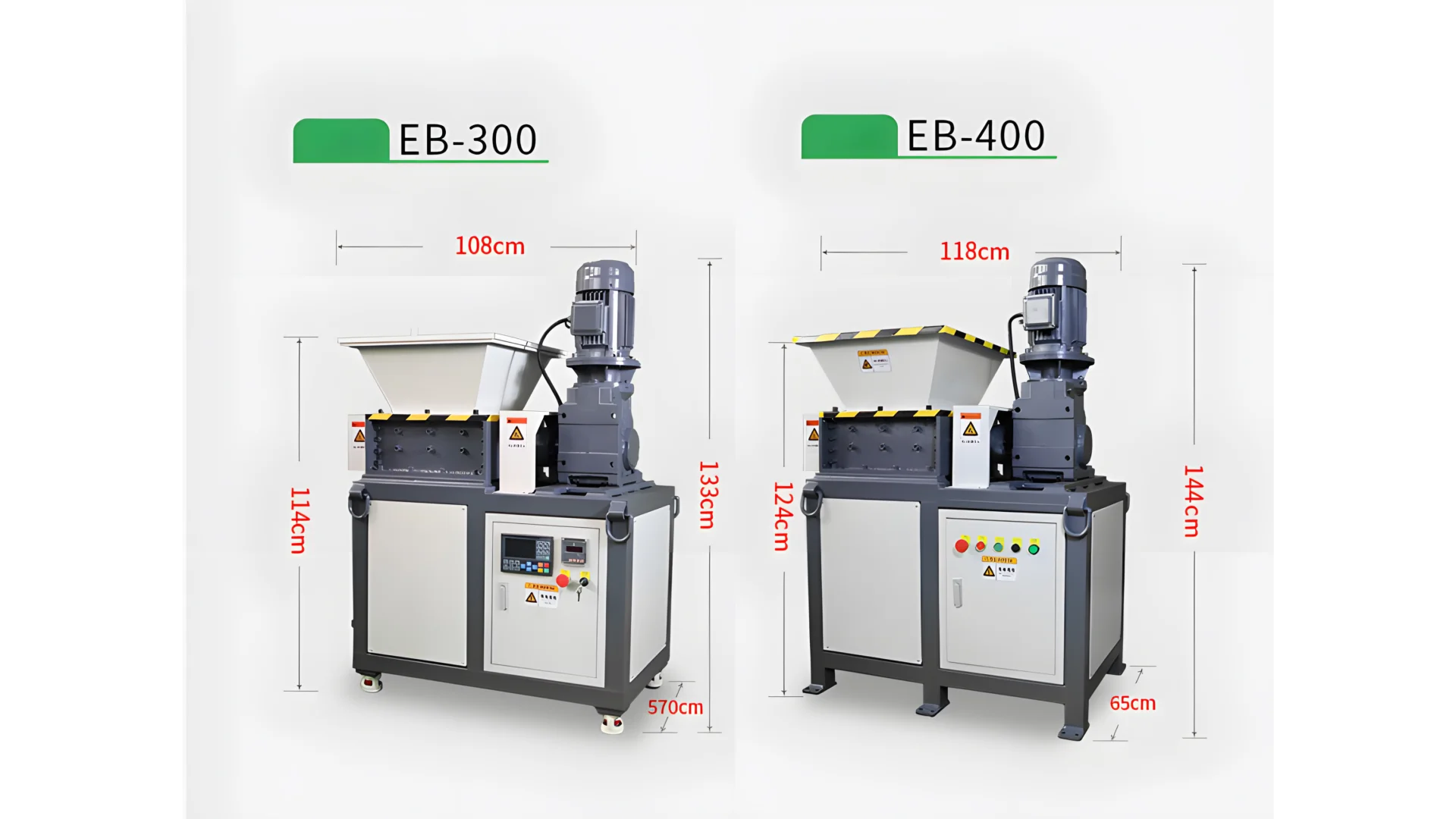 EB-300 ve EB-400 etiketli iki sabit disk parçalayıcı modeli vardır. Her iki model de boyutlarıyla birlikte gösterilmektedir. EB-300 modeli için: 108 cm genişliğinde, 114 cm yüksekliğinde ve 570 cm uzunluğundadır. EB-400 modeli için: 118 cm genişliğinde, 124 cm yüksekliğinde ve 65 cm uzunluğundadır. Bu boyutlar, her bir parçalayıcı modelinin fiziksel boyutu hakkında bir fikir verir ve bu, kurulum için gerekli alan gereksinimlerinin belirlenmesinde yararlı olabilir. Resim aynı zamanda iki model arasındaki farklı tasarım öğelerini ve kapasiteleri de gösteriyor; bu da muhtemelen farklı performans düzeyleri veya kullanım senaryoları öneriyor. Bu modellerle ilgili daha spesifik ayrıntılara ihtiyacınız varsa veya başka sorularınız varsa sormaya çekinmeyin!
