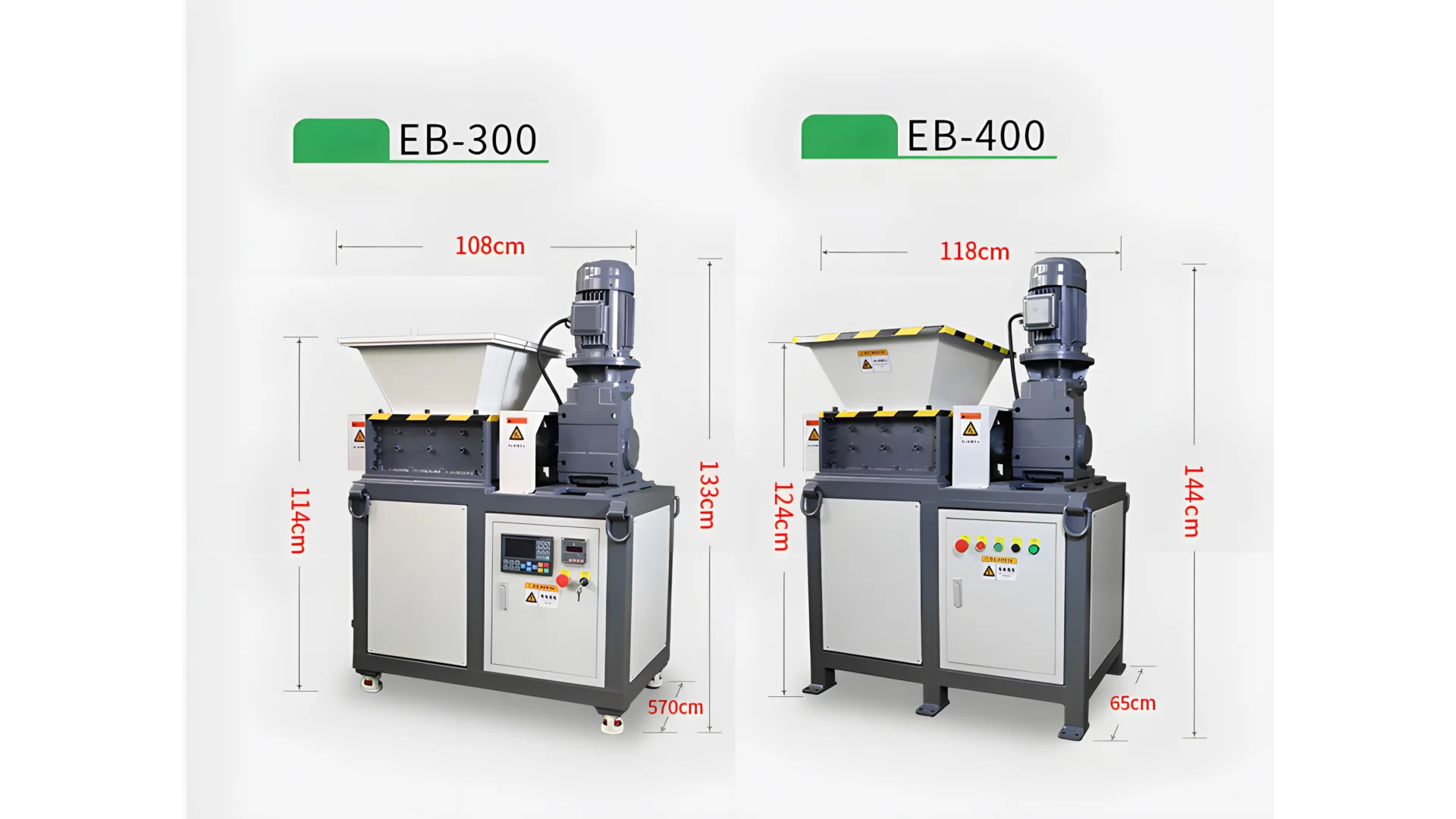 existují dva modely skartovačů pevných disků, označené EB-300 a EB-400. Oba modely jsou zobrazeny se svými rozměry. Pro model EB-300: Je 108 cm široký, 114 cm vysoký a 570 cm dlouhý. Pro model EB-400: Je 118 cm široký, 124 cm vysoký a 65 cm dlouhý. Tyto rozměry poskytují představu o fyzické velikosti každého modelu skartovačky, což může být užitečné pro určení prostorových požadavků pro instalaci. Obrázek také ukazuje různé konstrukční prvky a kapacity mezi těmito dvěma modely, což možná naznačuje různé úrovně výkonu nebo zamýšlené scénáře použití. Pokud potřebujete konkrétnější podrobnosti nebo máte nějaké další otázky týkající se těchto modelů, neváhejte se zeptat!