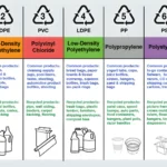 An infographic displaying the resin identification codes for different types of plastic. The infographic categorizes plastics into seven types, each represented by a recycling symbol with a number: 1. **PETE (Polyethylene Terephthalate)**: Common products include soda and water bottles, cups, jars, trays, and clamshells. Recycled into clothing, carpet, clamshells, soda, and water bottles. 2. **HDPE (High-Density Polyethylene)**: Common products include milk jugs, detergent and shampoo bottles, flower pots, and grocery bags. Recycled into detergent bottles, flower pots, crates, pipe, and decking. 3. **PVC (Polyvinyl Chloride)**: Common products include cleaning supply jugs, pool liners, twine, sheeting, and automotive product bottles. Recycled into pipe, wall siding, binders, carpet backing, and flooring. 4. **LDPE (Low-Density Polyethylene)**: Common products include bread bags, paper towels and tissue overwrap, squeeze bottles, trash bags, and six-pack rings. Recycled into trash bags, plastic lumber, furniture, shipping envelopes, and compost bins. 5. **PP (Polypropylene)**: Common products include yogurt tubs, cups, juice bottles, straws, hangers, and sand and shipping bags. Recycled into paint cans, speed bumps, auto parts, food containers, hangers, plant pots, and razor handles. 6. **PS (Polystyrene)**: Common products include to-go containers, flatware, hot cups, razors, CD cases, shipping cushions, and trays. Recycled into picture frames, crown molding, rulers, flower pots, hangers, toys, and tape dispensers. 7. **Other**: Includes various plastics like polycarbonate, nylon, ABS, acrylic, PLA. Common products include bottles, safety glasses, CDs, and headlight lenses. Recycled into electronic housings and auto parts
