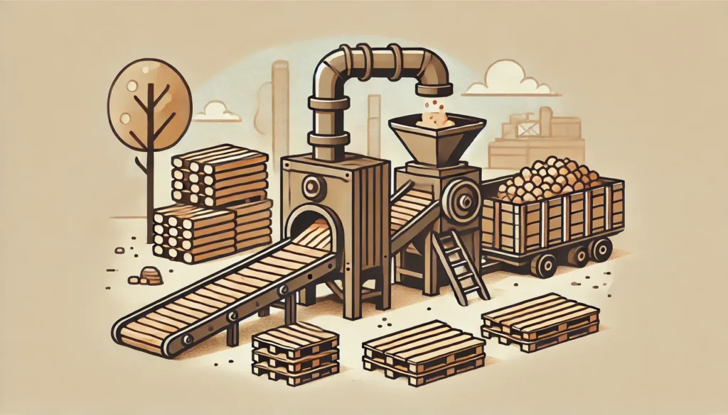 Factory conveyor belt processing wooden logs
