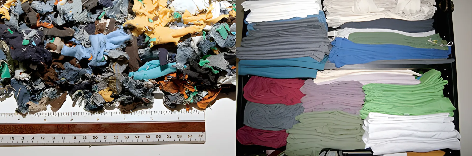 Comparação antes e depois de roupas antigas processadas por um triturador de tecidos Rumtoo em fibras têxteis finas para reciclagem
