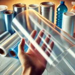 Hand holding transparent film over assorted plastic containers