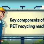 Cartoon engineer presenting PET recycling machine components.