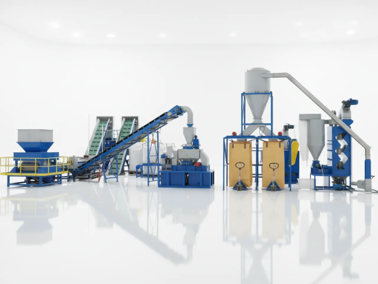 Ligne industrielle complète de lavage et de recyclage de bouteilles PET à plusieurs étapes, représentée en bleu et en gris, comprenant une trémie d'alimentation, divers convoyeurs à bande, des unités de traitement et une station de collecte finale avec des silos.