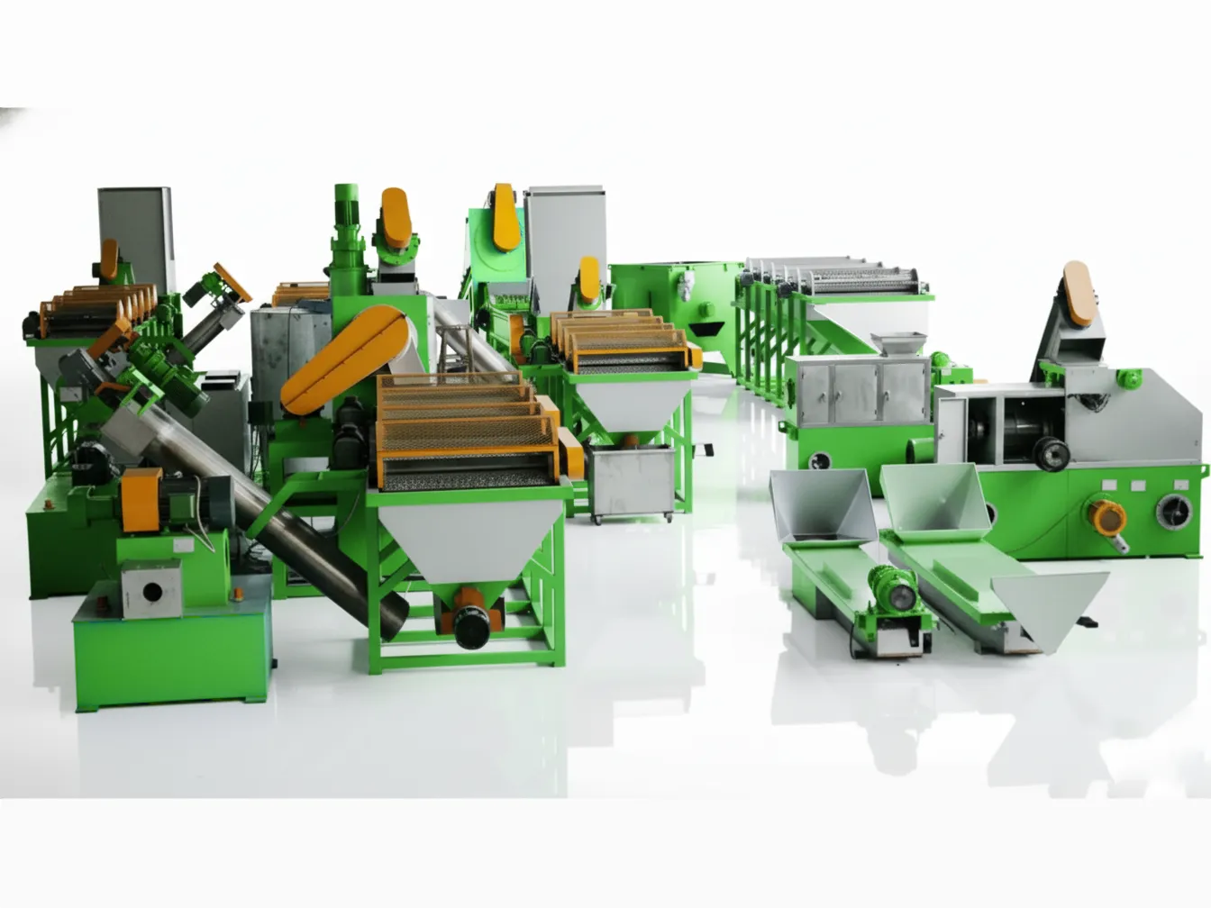 Ligne industrielle complète de recyclage et de lavage de bouteilles PET à plusieurs étapes, représentée en vert et argent avec des accents jaunes, comprenant diverses unités interconnectées de déchiquetage, de lavage et de séparation.