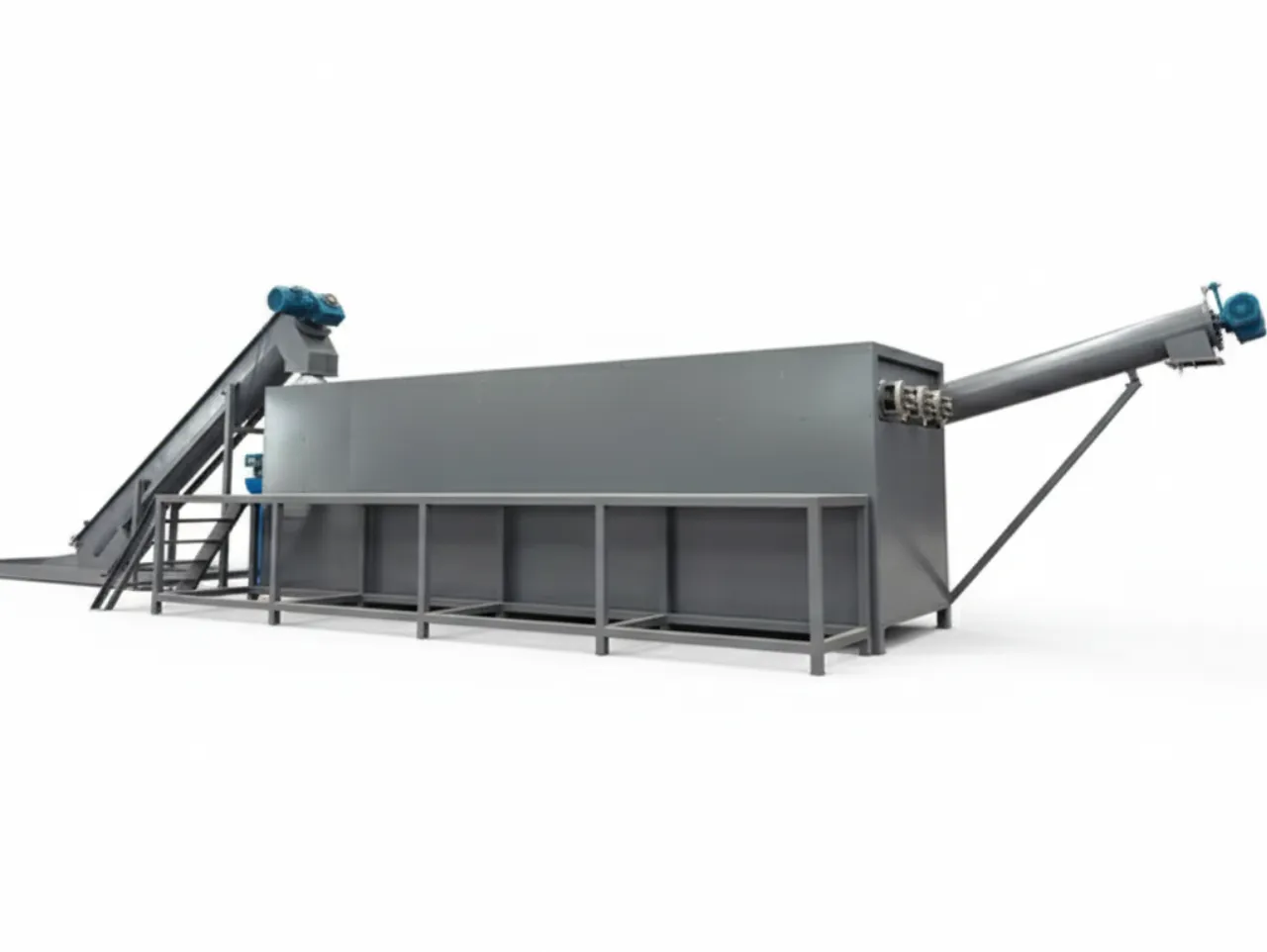 Вид сбоку на промышленную систему сепарации "раковина-плавник" с длинным серым резервуаром, угловым входным конвейером слева и выходным винтовым конвейером справа.