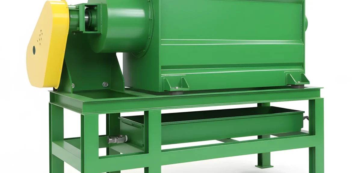 An industrial centrifugal dryer with a green body and yellow safety guard, used to mechanically dewater plastic flakes in a recycling line.