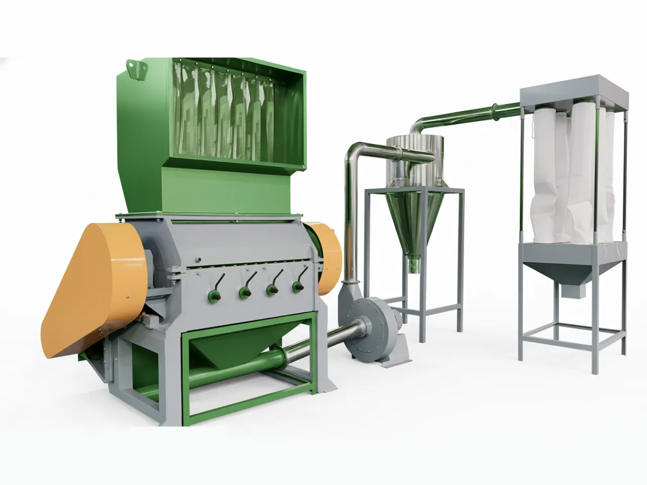 Очень крупная промышленная машина для гранулирования жесткого пластика, показанная в зеленом и сером цветах, оснащена большим бункером с верхней загрузкой, основным измельчающим узлом и присоединенной пневматической системой транспортировки с циклонным сепаратором и станцией сбора пыли.