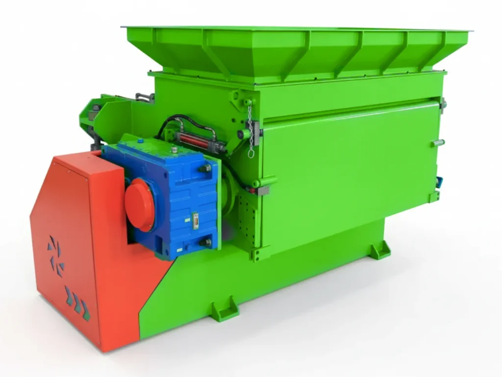 A heavy-duty single-shaft shredder for rubber tires and plastic, featuring a large green hopper and a blue gearbox with an orange safety cover.