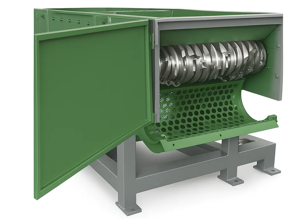 Un tritatutto monorotore industriale con la porta di manutenzione aperta, che rivela il robusto rotore di taglio e il setaccio perforato per la calibratura del materiale.