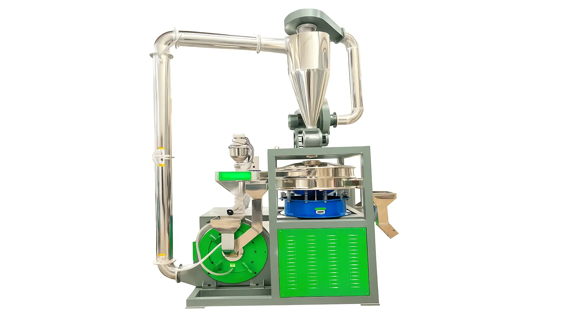 Molino industrial de molienda fina con separador ciclónico y tamiz vibratorio, utilizado para procesar diversos materiales en polvos finos.