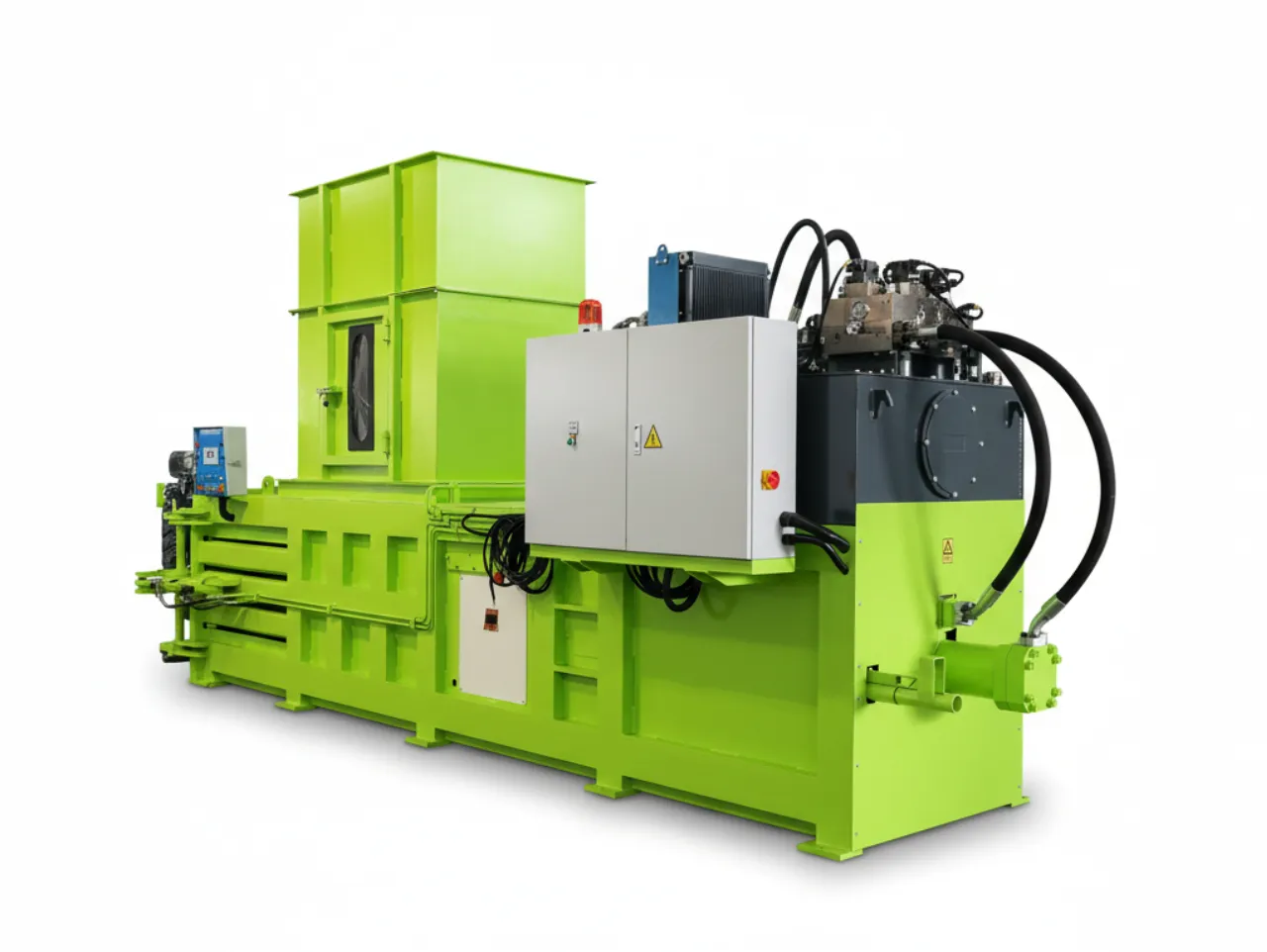 A large, green industrial horizontal fully automatic hydraulic baler, showing the top feed hopper, a central electrical cabinet, and the hydraulic power unit.
