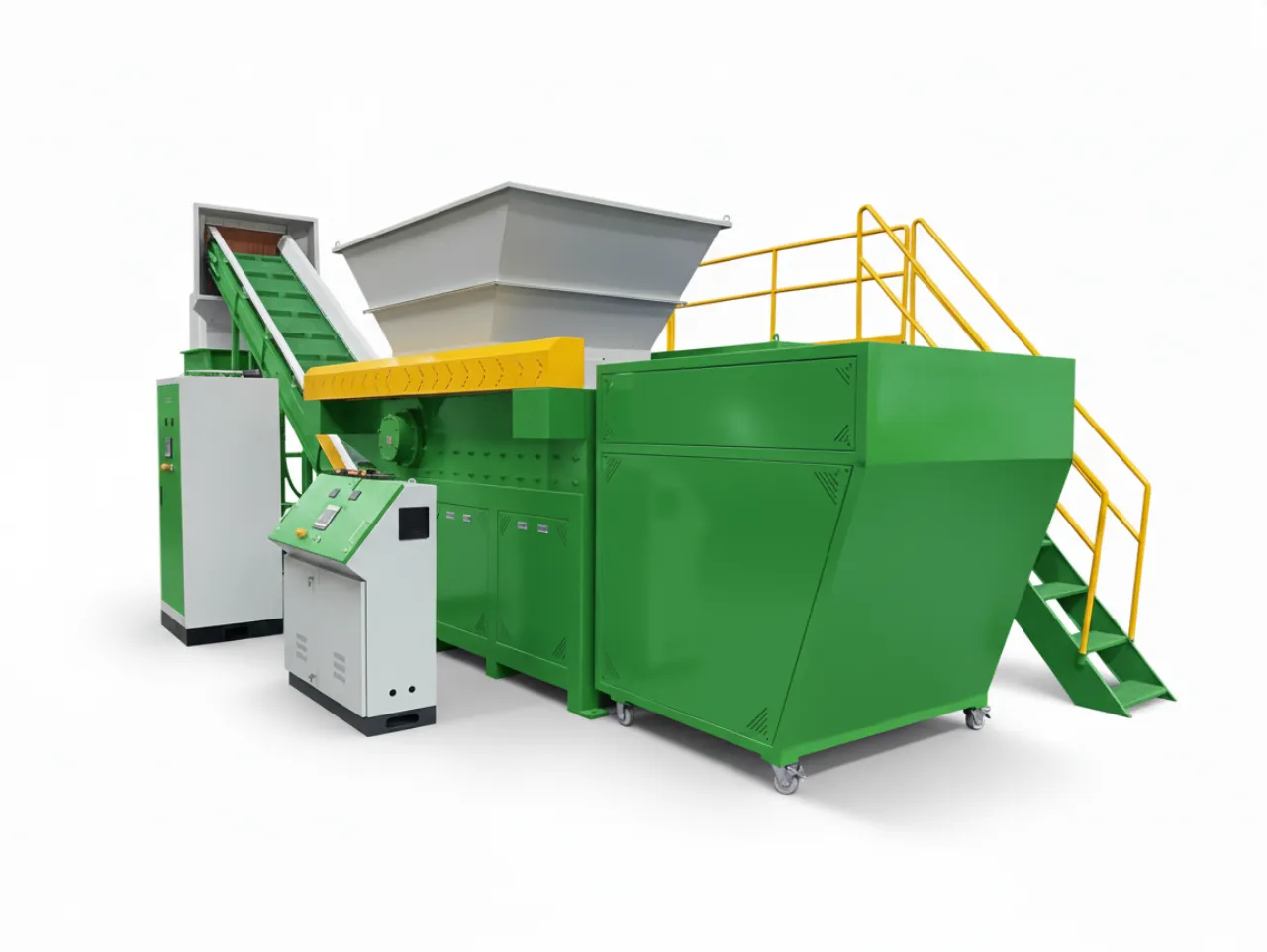 Un broyeur industriel vert à tiroir hydraulique et à arbre unique, équipé d'une grande trémie d'alimentation grise, d'un panneau de commande et d'un grand bac de collecte avec des escaliers d'accès jaunes.
