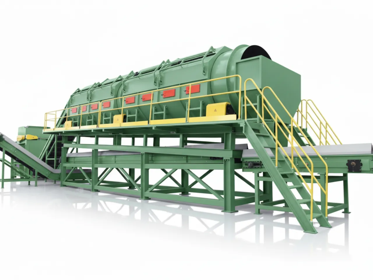 A large, green industrial trommel screen with yellow safety railings, featuring a long, elevated rotating drum and conveyor belts for material sorting and separation.