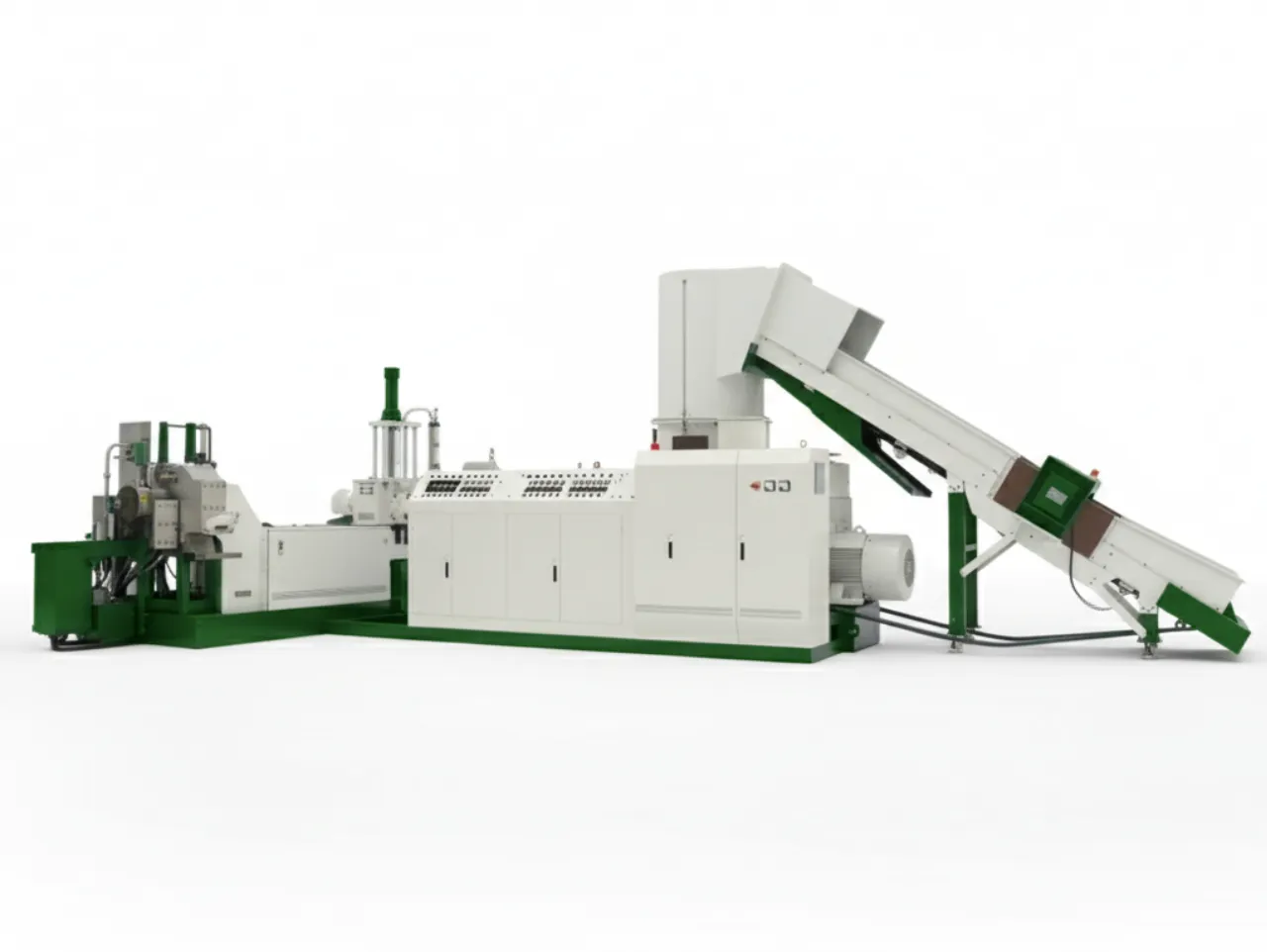 Profil latéral d'une machine de recyclage de non-tissés par fusion en PP blanc et vert, montrant un convoyeur alimentant l'unité principale d'extrusion et de granulation.