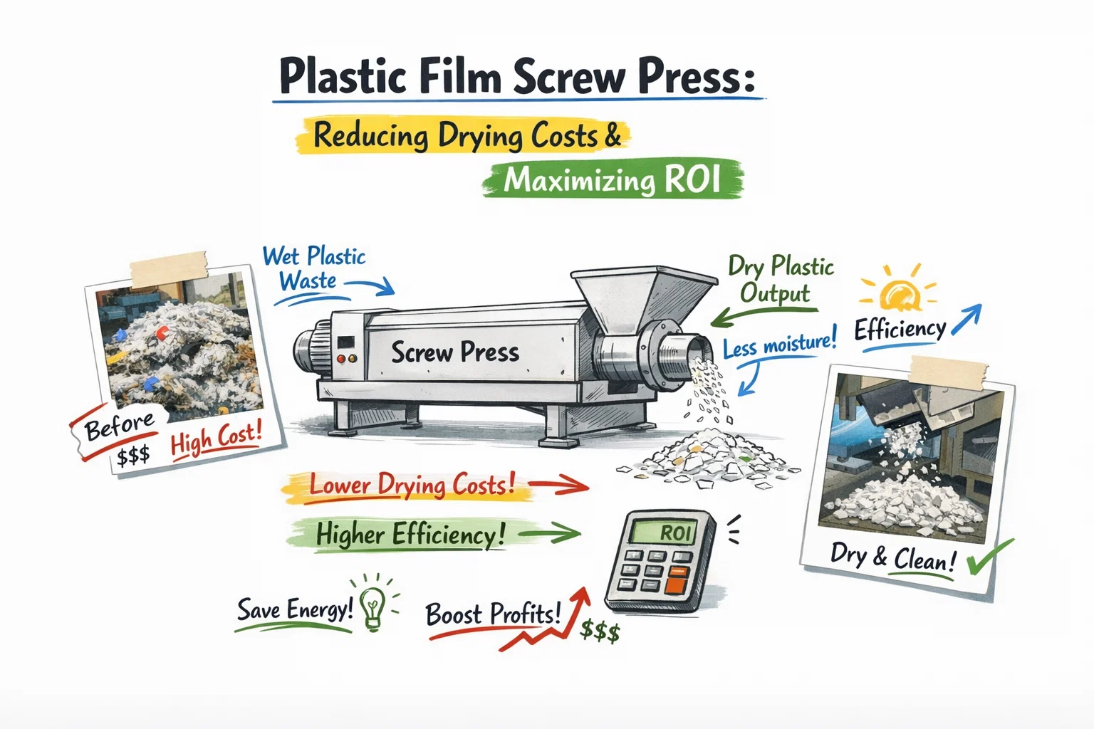 Шнековый пресс для производства полиэтиленовой пленки: снижение затрат на сушку и максимизация рентабельности инвестиций.