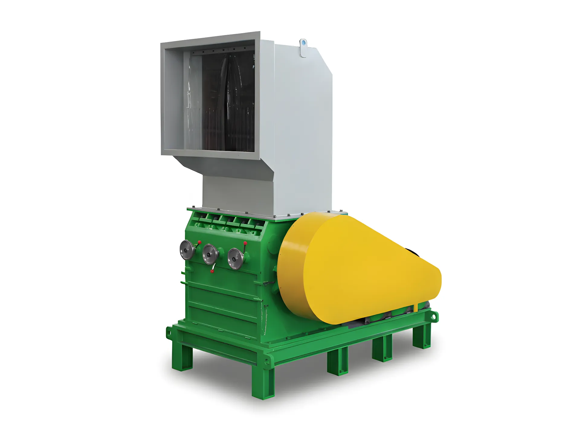 A standard industrial plastic granulator with a green body, a large soundproofed feed hopper, and a yellow safety guard over the belt drive.