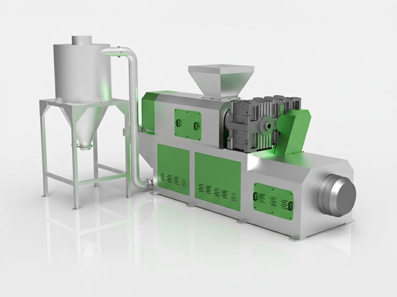 Przemysłowy system odwadniania z prasą ślimakową, pokazany w kolorze srebrnym i zielonym, obejmujący główną jednostkę prasy z lejem zasypowym i dołączonym pionowym silosem zbiorczym.