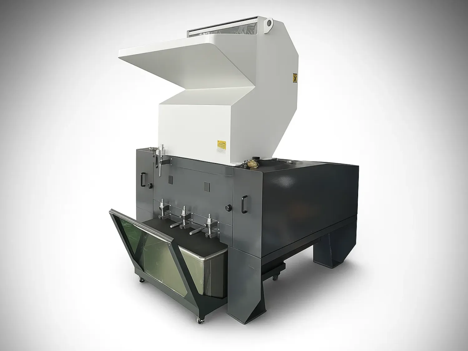 An industrial small granulator for plastic recycling, featuring a large white hopper and an open collection bin for the washed granules.