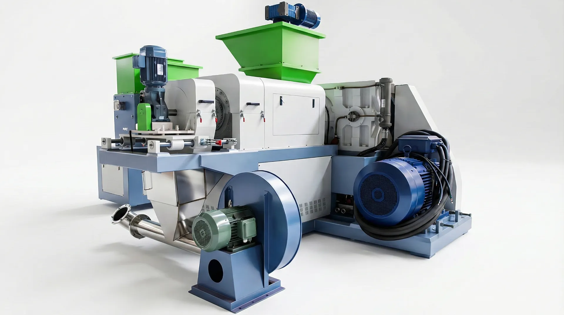 Industrial Plastic Squeezer and Densifier machine with green hoppers and large blue motor for dewatering and compacting PE/PP films.