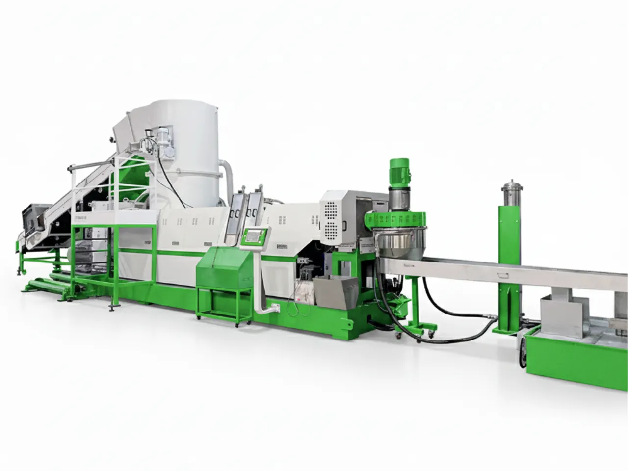 Machine industrielle complète de granulation à anneau d'eau pour films plastiques et sacs tissés en PP et PE, présentée en blanc et vert, comprenant un convoyeur d'alimentation, une unité d'extrusion principale et une ligne de granulation et de refroidissement.