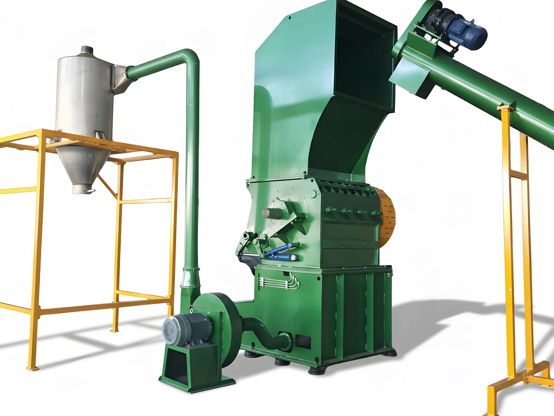Industrial green plastic granulator system for recycling, complete with an automated conveyor feeder and a cyclone dust collector.
