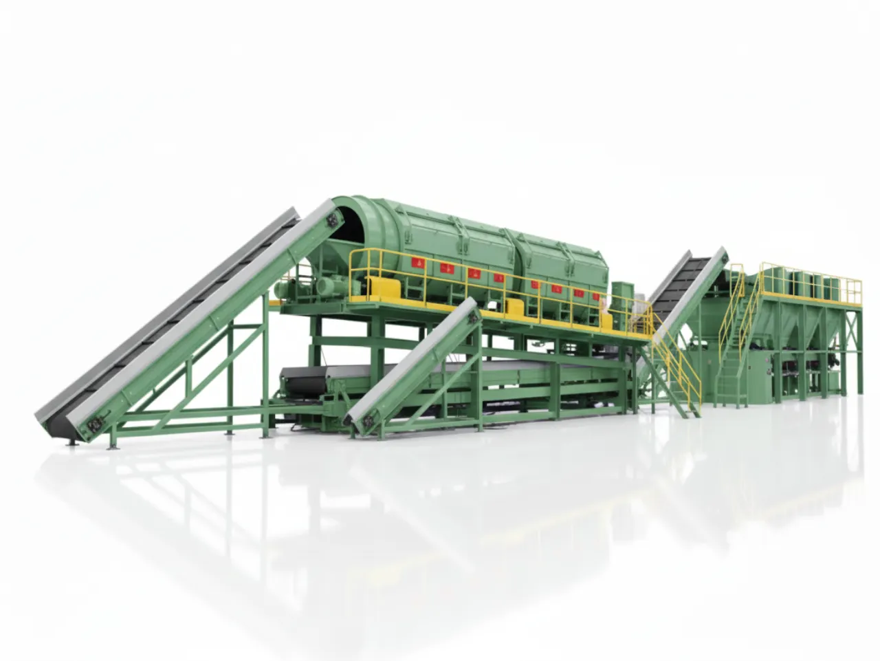 Profil latéral d'une grande machine industrielle verte de tri de déchets solides municipaux, comprenant plusieurs bandes transporteuses inclinées, un tamis central et une station de tri à plusieurs niveaux.