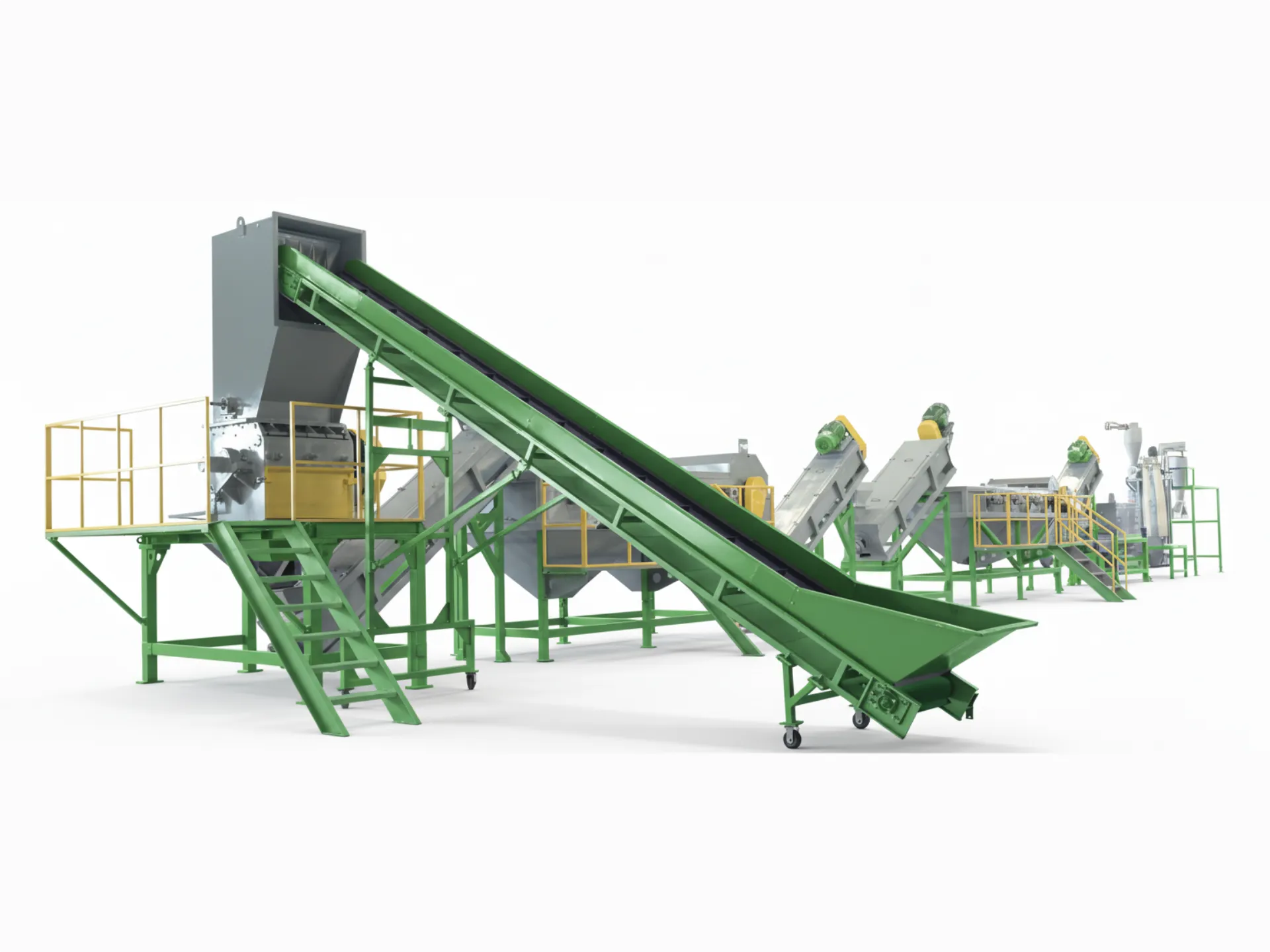 Une ligne industrielle complète de lavage et de recyclage de plastique rigide, représentée en vert et en gris, comprenant un grand convoyeur à bande incliné alimentant une série d'unités de broyage, de lavage et de séparation.