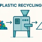 Een illustratie van het proces waarbij kleurrijk plastic afval wordt omgezet in fijn wit poeder met behulp van een industriële verpulveringsmachine.
