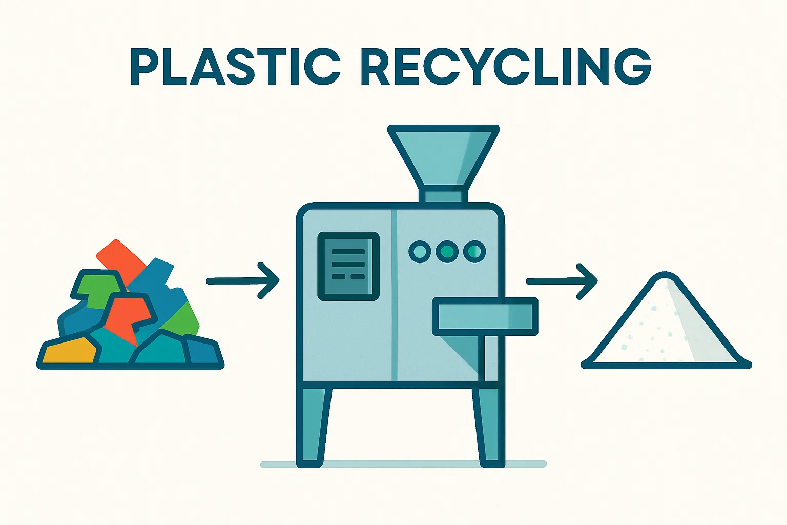 An illustration showing the process of converting colorful plastic waste into fine white powder using an industrial pulverizer machine.