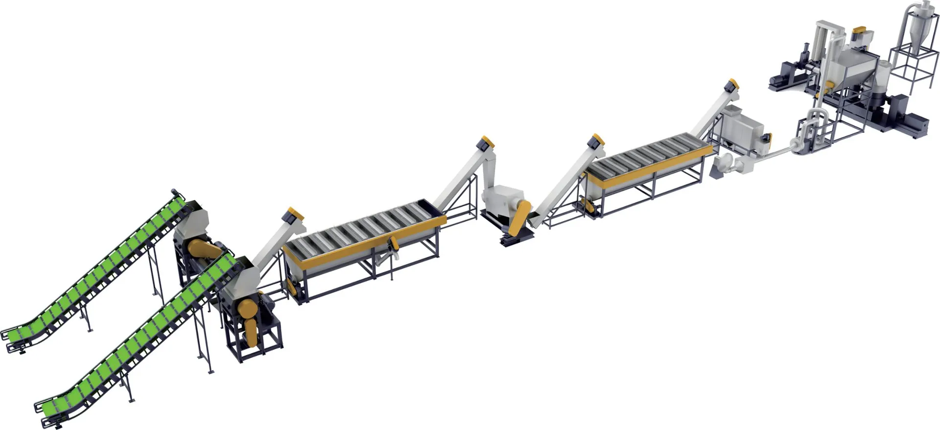 A complete industrial plastic washing line for recycling waste woven bags and PP/PE film, showing the entire process from shredding and washing to drying.