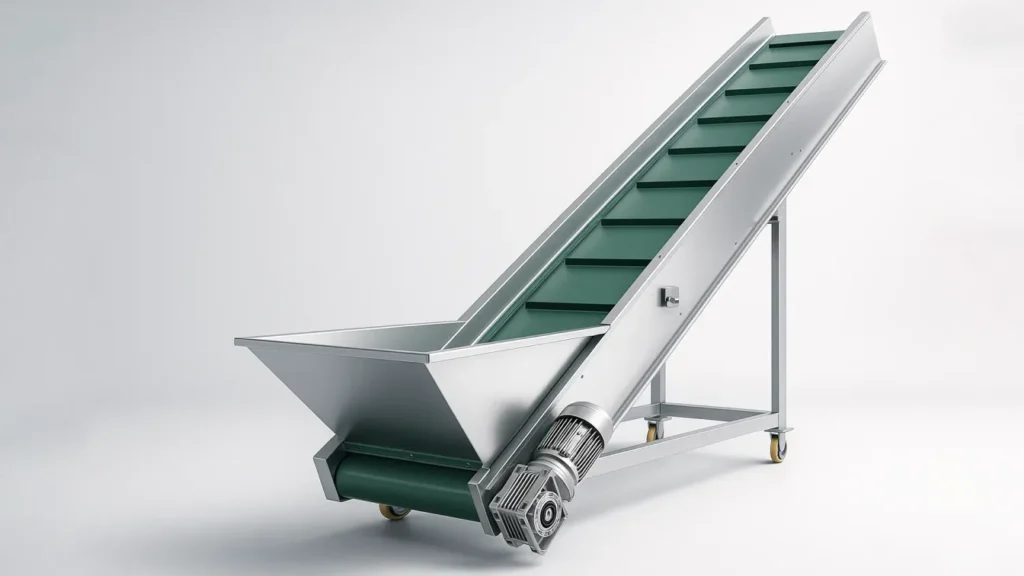 Inclined cleated belt conveyor for material elevation