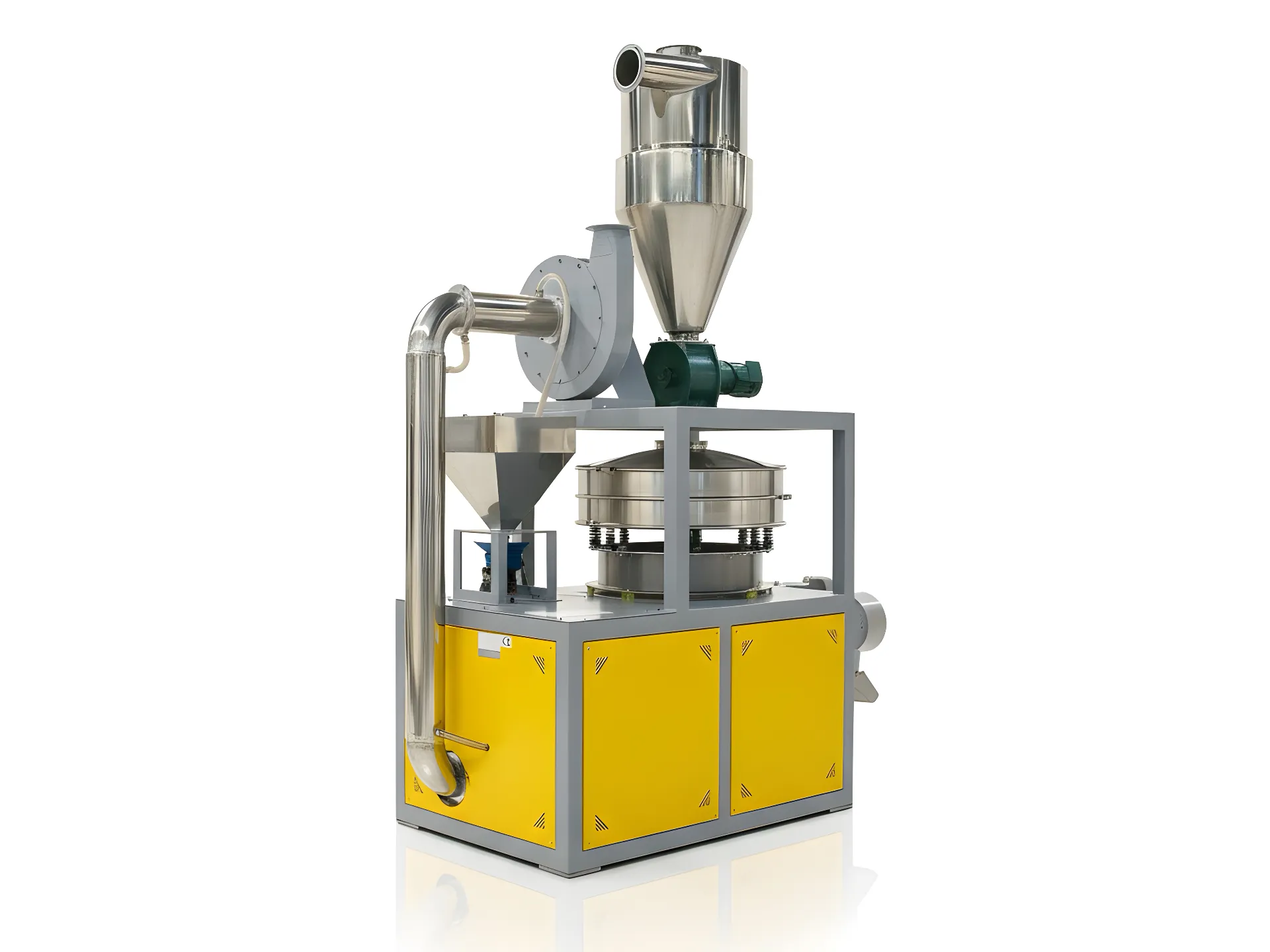 A yellow and gray industrial Plastic Pulverizer, featuring a vibrating sieve, a stainless steel cyclone separator, and a pneumatic conveying system, shown in a studio shot on a white background.