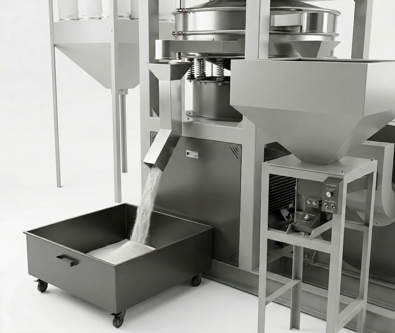 Вид сбоку, демонстрирующий циклонный сепаратор и систему вентиляторов.