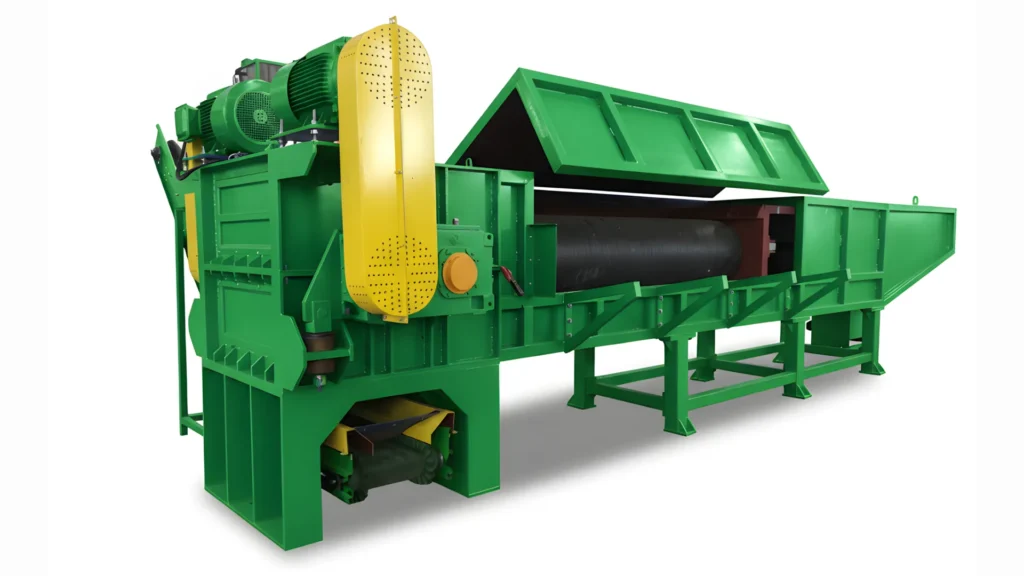 Green industrial plastic shredder machine designed for processing HDPE pipes, featuring a large feeding chamber and a heavy-duty cutting mechanism.