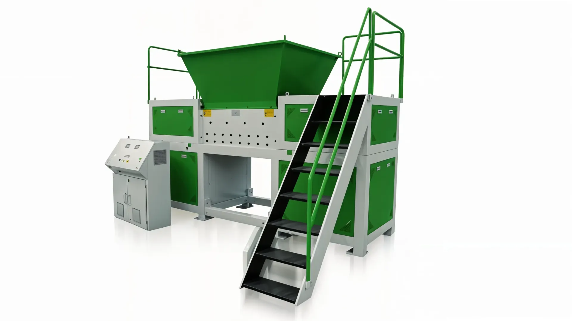 A heavy-duty industrial shredder with a green hopper, a standalone control panel, and an access platform with stairs for safe operation.