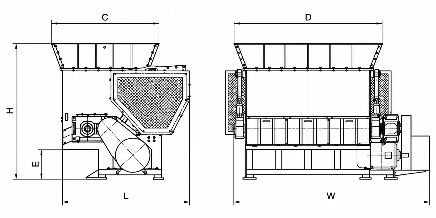 Swing arm single-shaft shredder dimensional drawing and size chart